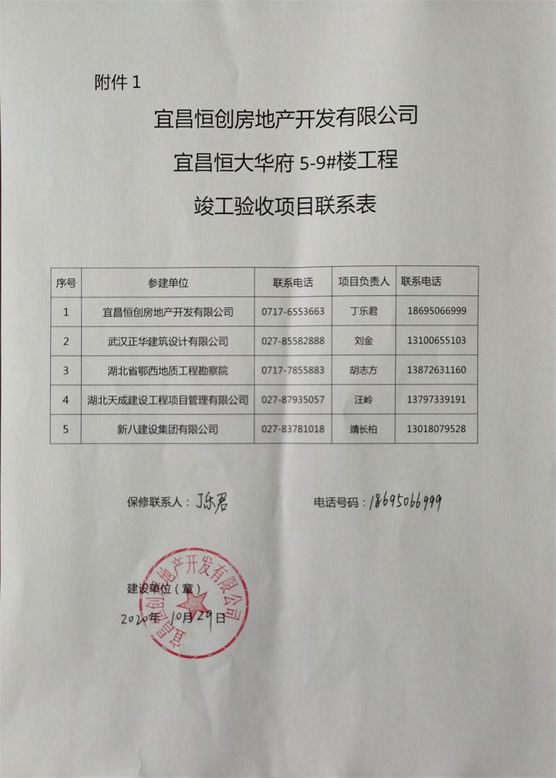 宜昌恒创房地产开发有限公司宜昌恒大华府6楼竣工验收信息公开